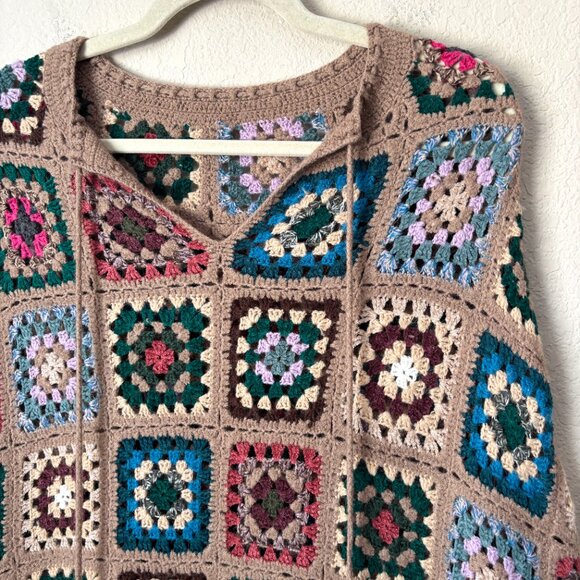 Boho Wool Blend Granny Square Colorful Crochet Poncho Sweater Top - Picture 2 of 11